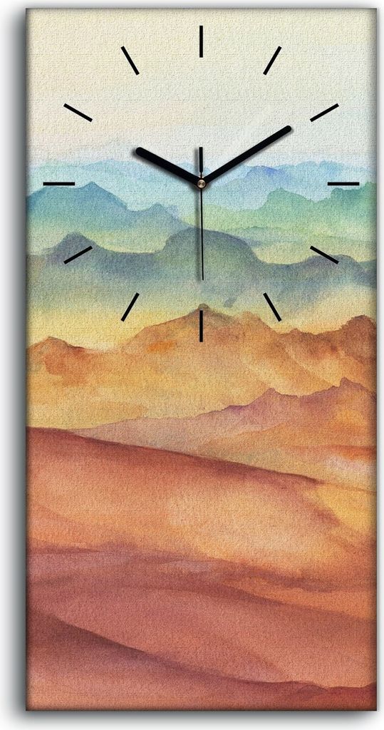 Wandbild Leinwand Bilder mit Uhr 30x60 Berglandschaft Gipfel Sonnenuntergang - schwarze Hände