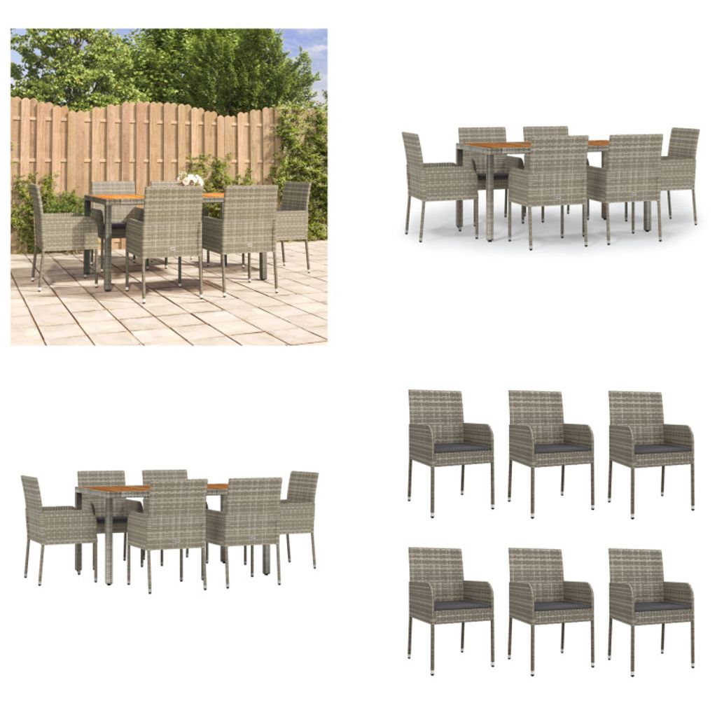 vidaXL 7 tlg. Garten Essgruppe mit Kissen Grau Poly Rattan - Garten Essgruppe - Garten Essgruppen - Essgruppe - Essgruppe Terrasse