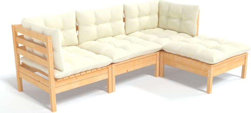4-tlg. Garten-Lounge-Set mit Creme Kissen Kiefernholz