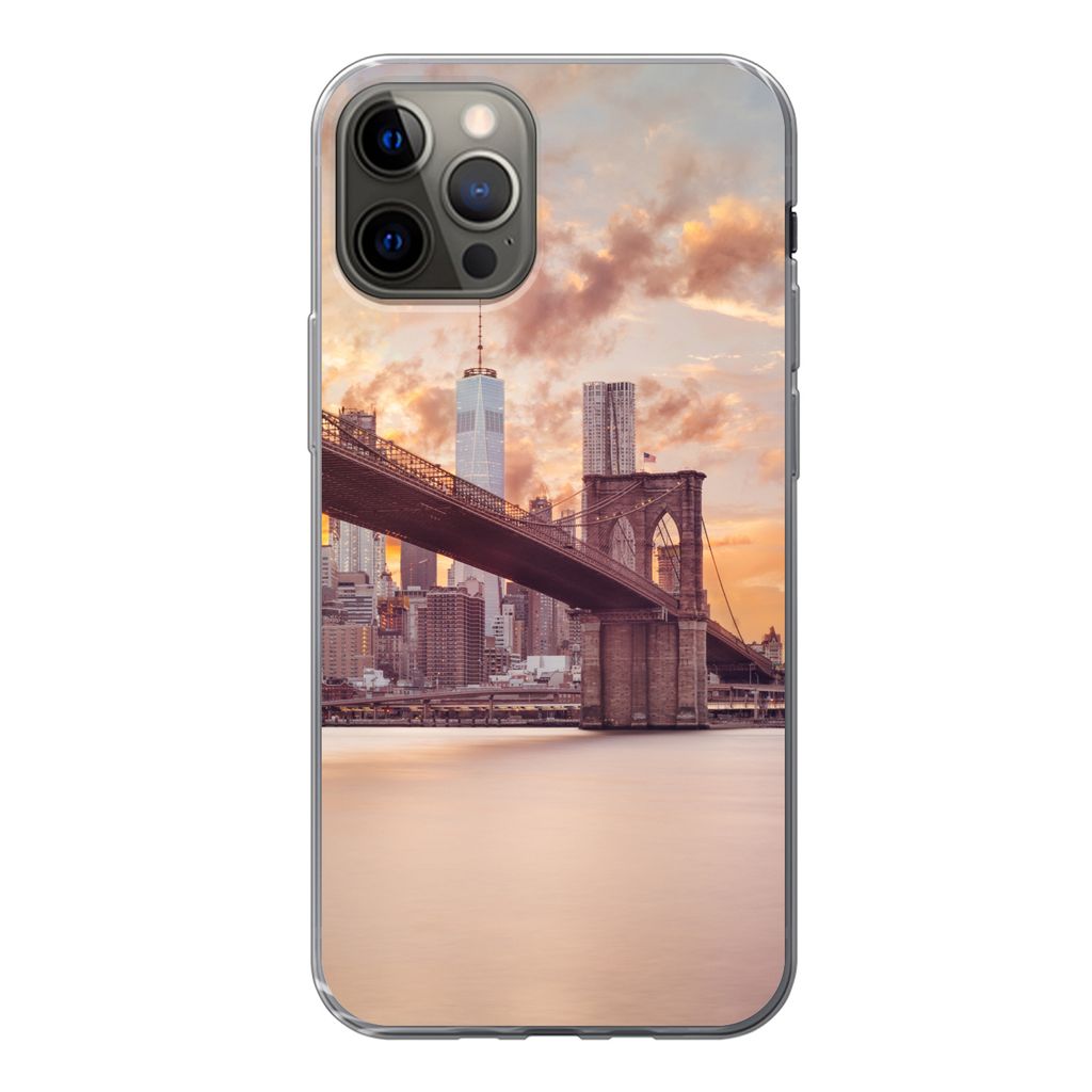 MuchoWow Handyhülle Schutzhülle Hülle für iPhone 13 Pro Brooklyn Bridge und die New Yorker Skyline bei Sonnenuntergang Silikon Softcase Handy...