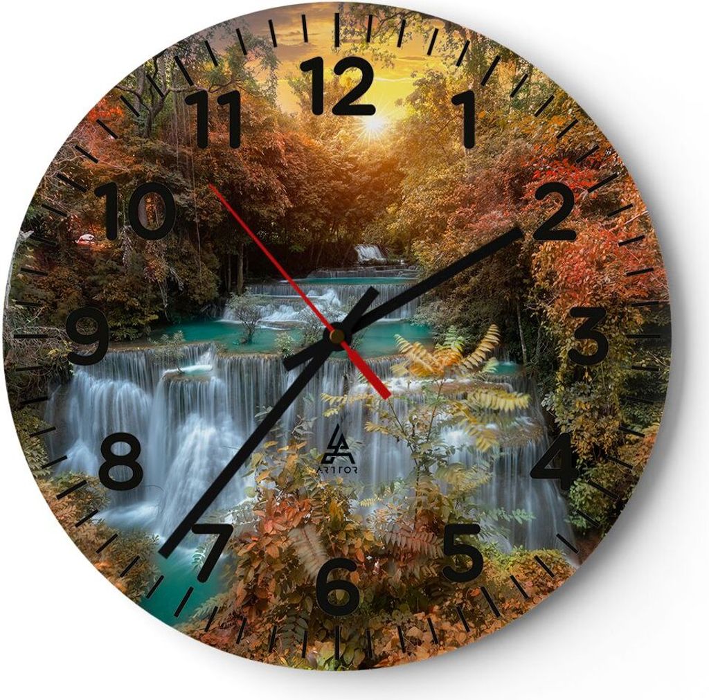 Wanduhr - Rund - Glasuhr - Park Wasserfall Wasser - 40x40cm - Schleichendes Uhrwerk - Lautlos - zum Aufhängen bereit - Dekoration Modern - Wanddek...