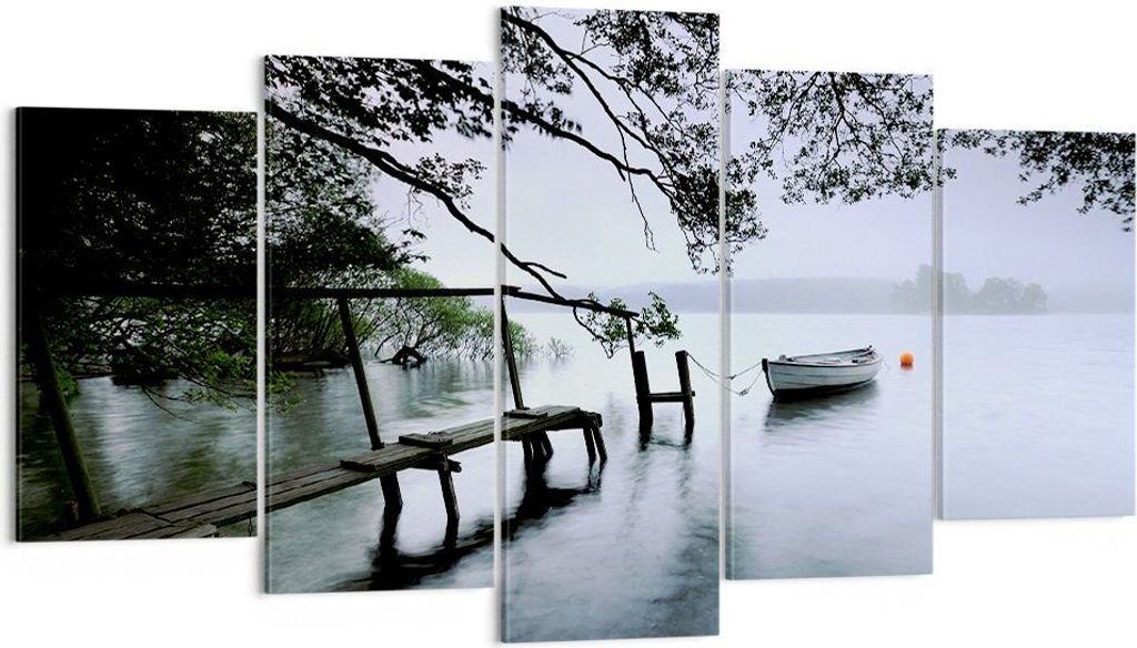 Bild auf Leinwand - Leinwandbild - See Dock Boot Bäume - 160x85cm - Wand Bild - Wanddeko - Leinwanddruck - Bilder - Kunstdruck - Wanddekoration - ...