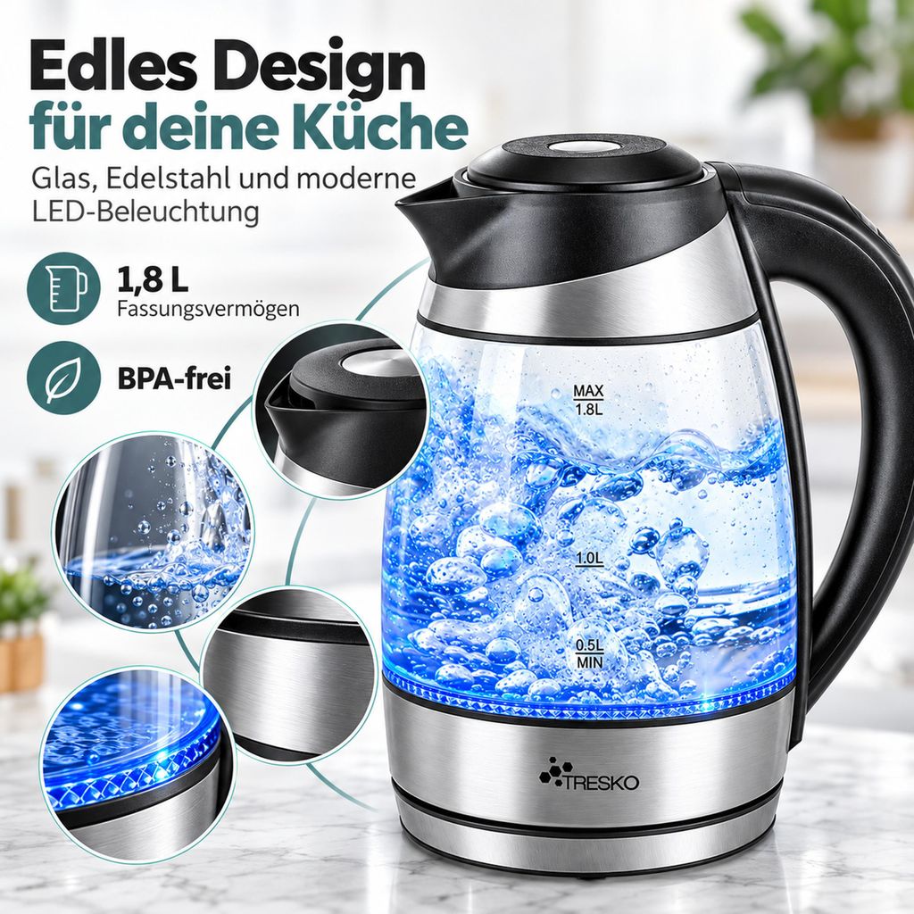 TRESKO® Glas Wasserkocher 1,8L / 2200W mit