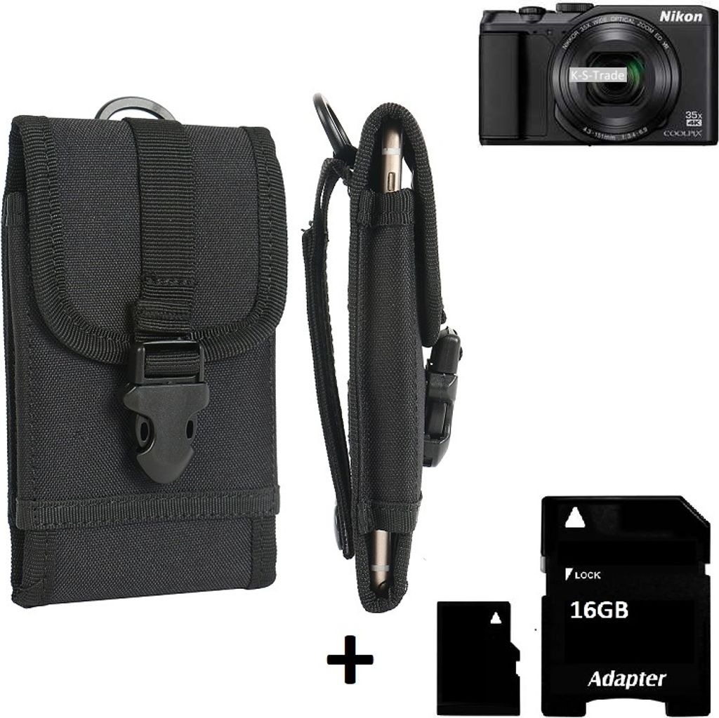 K-S-Trade Kameratasche Gürteltasche kompatibel mit Nikon Coolpix A900 Outdoor Gürtel Tasche für Kompaktkamera + 16GB Speicherkarte Holster