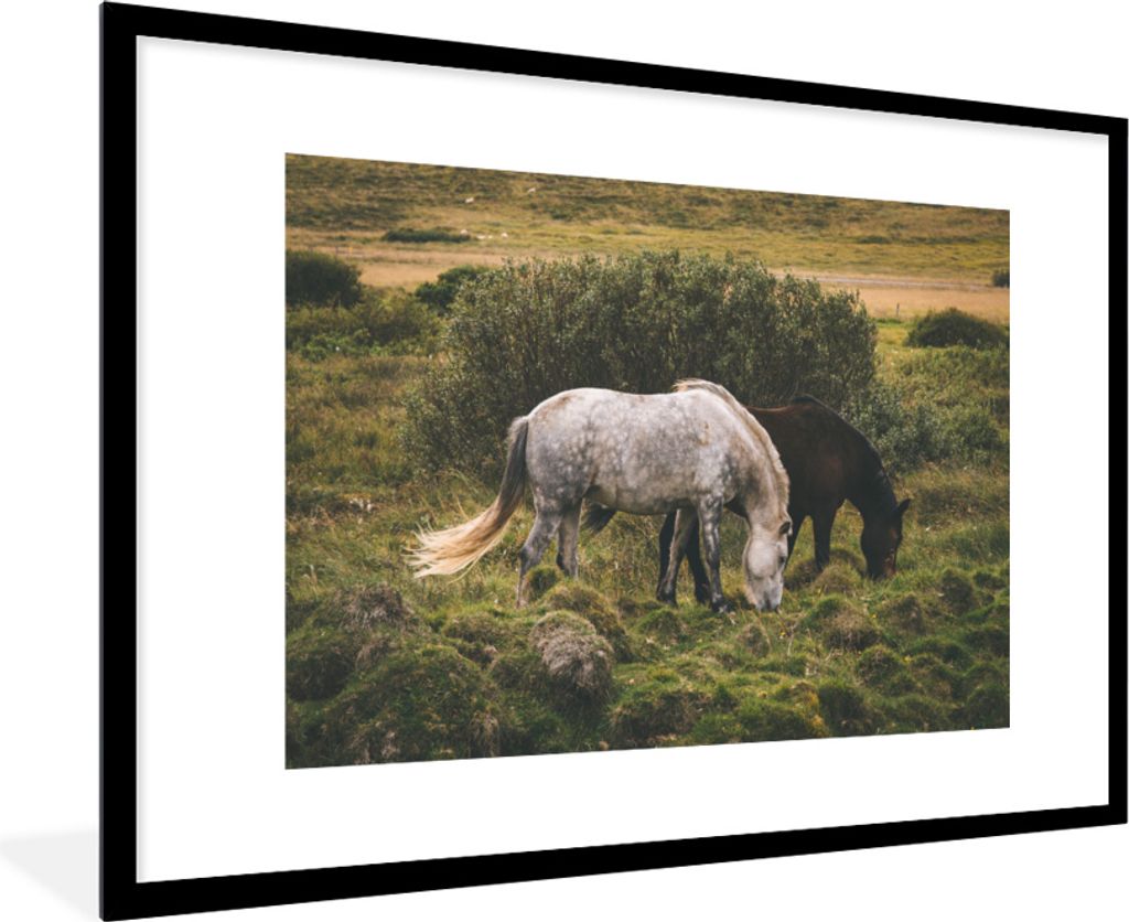 MuchoWow MuchoWow Gerahmtes Poster Pferde - Gras - Strauch 90x60 cm - Poster mit zchwarzem Bilderrahmen - Wanddekoration - Fotos