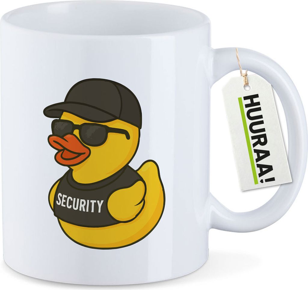 Huuraa Kaffeetasse Quietscheente Security Comic Gummiente 330ml Weiß Keramik Kaffeebecher Geschenkidee