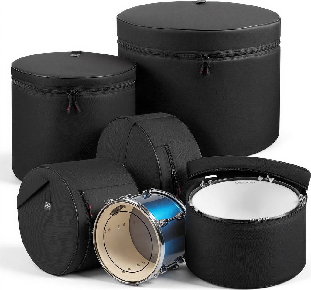 VEVOR 5 tlg. Schlagzeugtaschen Set, Drum Taschen Set, 600D Oxford-Stoff, gepolstert mit festen Schulterriemen & rutschfesten Tragegriffen, für Tra...