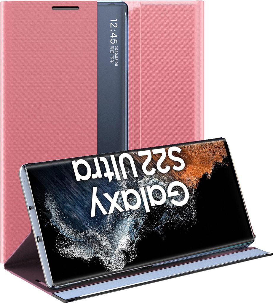 Samsung Galaxy S22 Ultra 5G Hülle, Slim Flip Leder Smart View Window Klappetui Schutzhülle mit Standfunktion für Galaxy S22 Ultra 5G Rosa