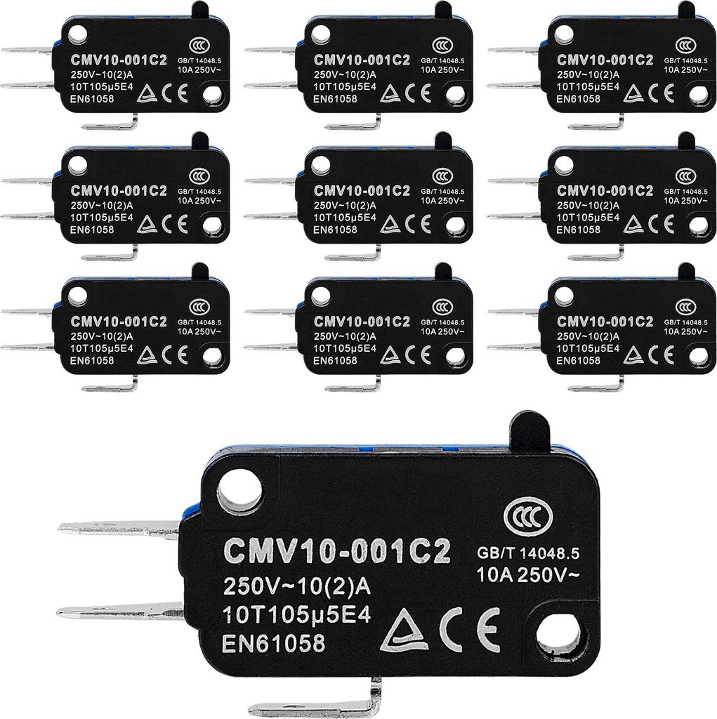 10 Stück CMV10-001C2 Selbstzurückstellender Mikroschalter mit Druckknopf – 3 Pins, 10A 250VAC Reiseweg-Endschalter