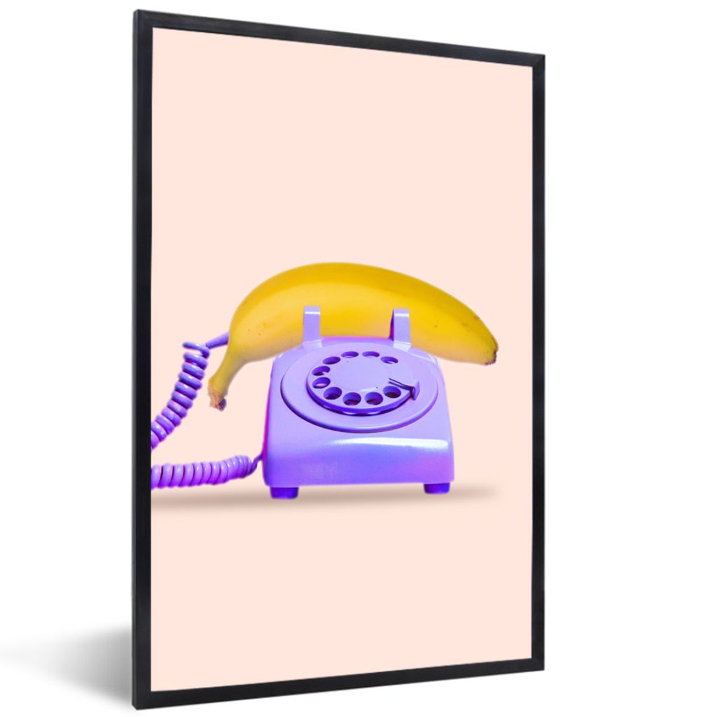 MuchoWow Gerahmtes Poster Banane - Telefon - Lila - Gelb 20x30 cm - Poster mit Schwarzem Bilderrahmen Wandposter Rahmen Foto Bilder - Drucken - B...