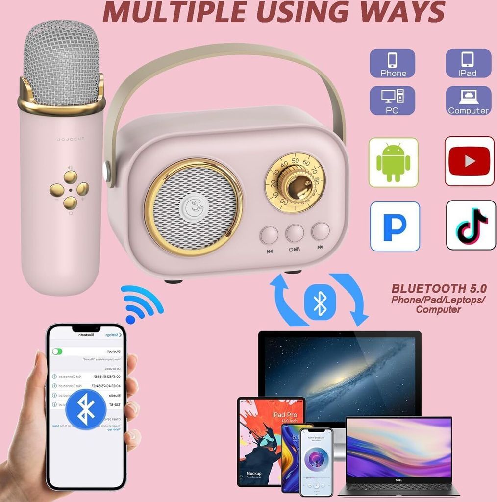 Machine Karaoké Portable Avec 2 Micros Sans Fil – Bluetooth 5.3, Effets Sonores Et Lumière, Batterie 10h