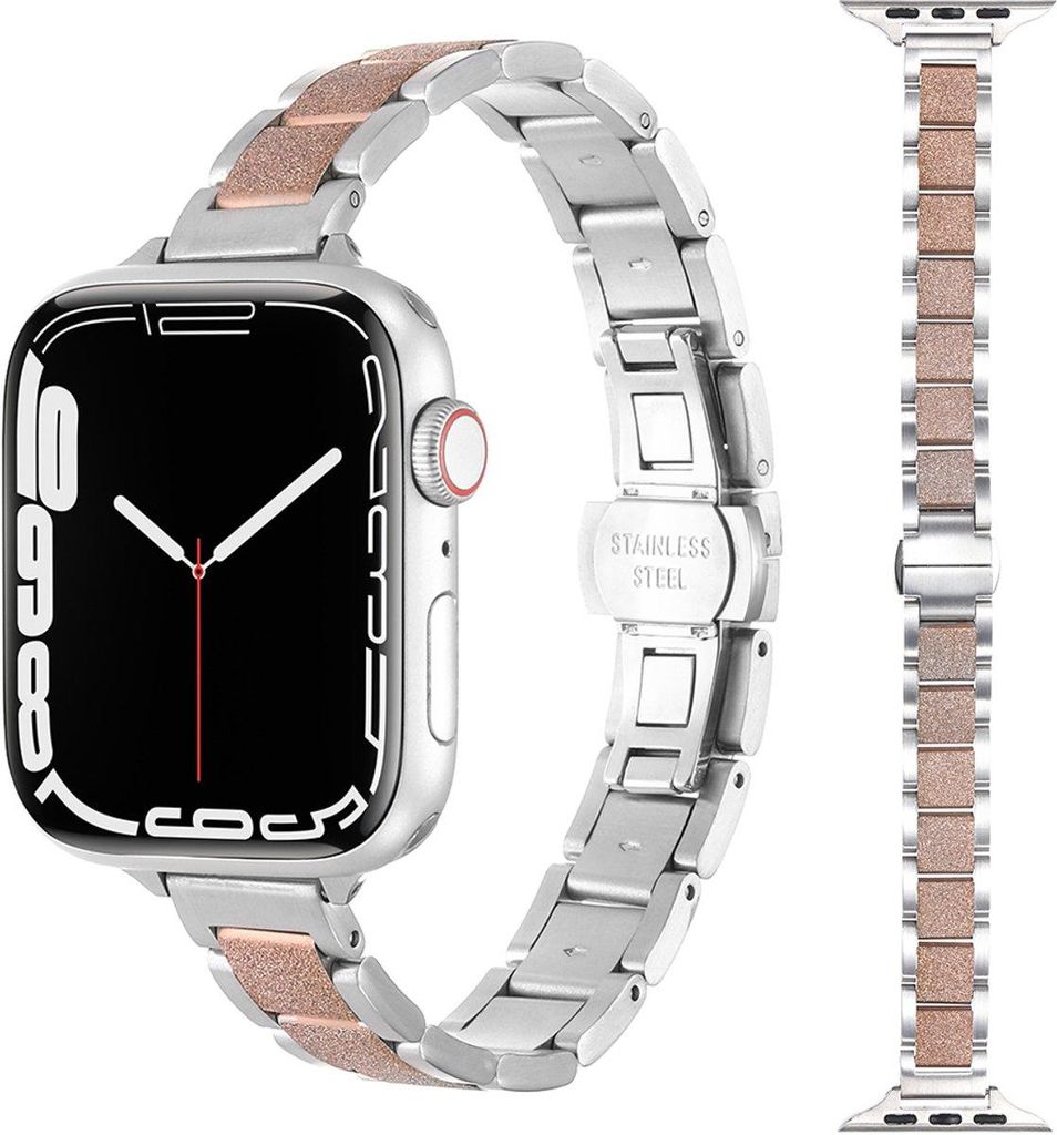 FFO2World schlankes Edelstahlarmband mit mattem Glitzer-Mittelglied für Apple Watch 42/44/45/46/49 mm (Serie 1–11, SE, Ultra) – Silber/Roségold