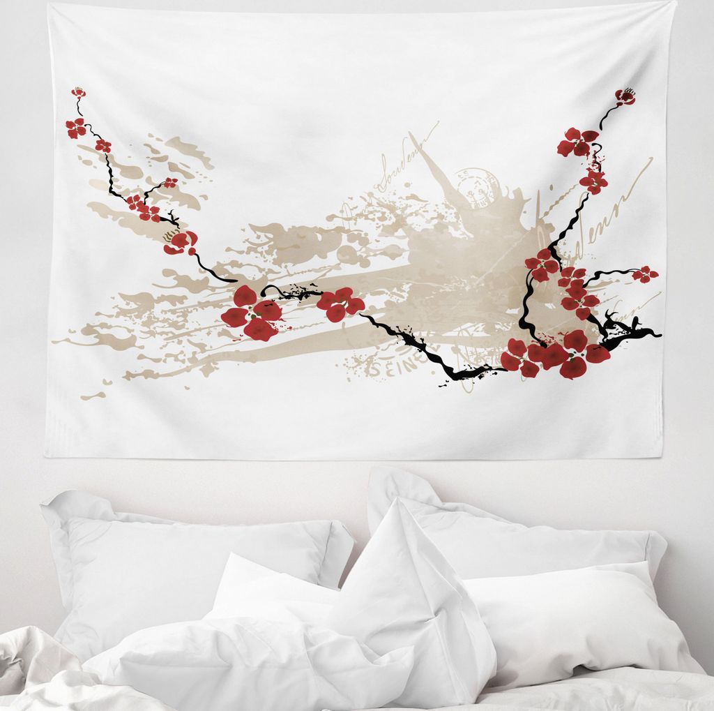 ABAKUHAUS Grunge Wandteppich, Japan Sakura Blumen aus Weiches Mikrofaser Stoff Waschbar ohne Verblassen Digitaldruck, 150 x 110 cm, Beige Weiß Rot
