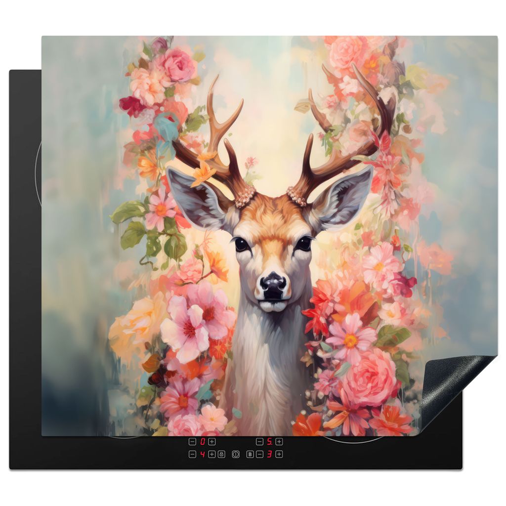 KitchenYeah Herdabdeckplatte Hirsche - Blumen - Waldtiere - Rosa , 59x52cm, Küche Deko, Glaskeramikkochfeld Herdabdeckung, Abdeckplatte fùr Koc...