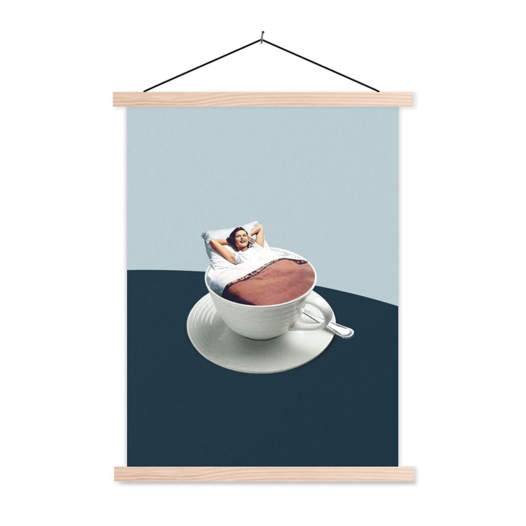 MuchoWow Textilposter Frau - Kaffee - Jahrgang 120x160 cm mit holzfarbenen Rahmen - Plakatkarton