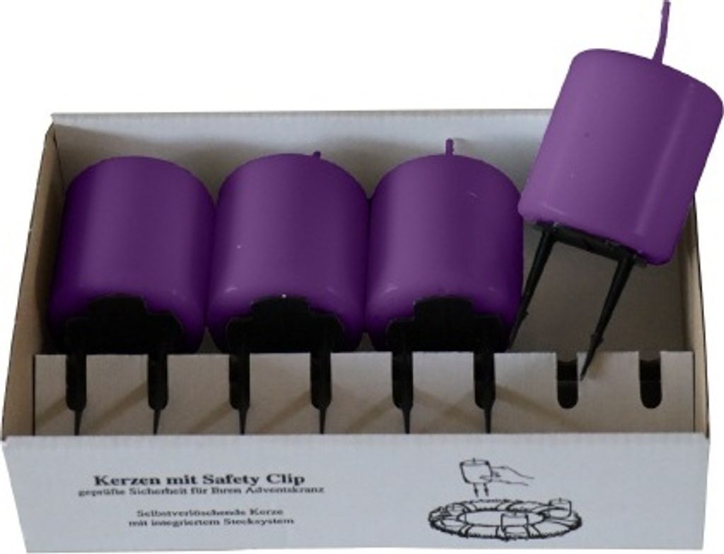 4er Set Adventskerzen, Stumpenkerzen mit Safety Clip und Kerzenstecker (Haltekrallen) Violett 8 x ? 5 cm