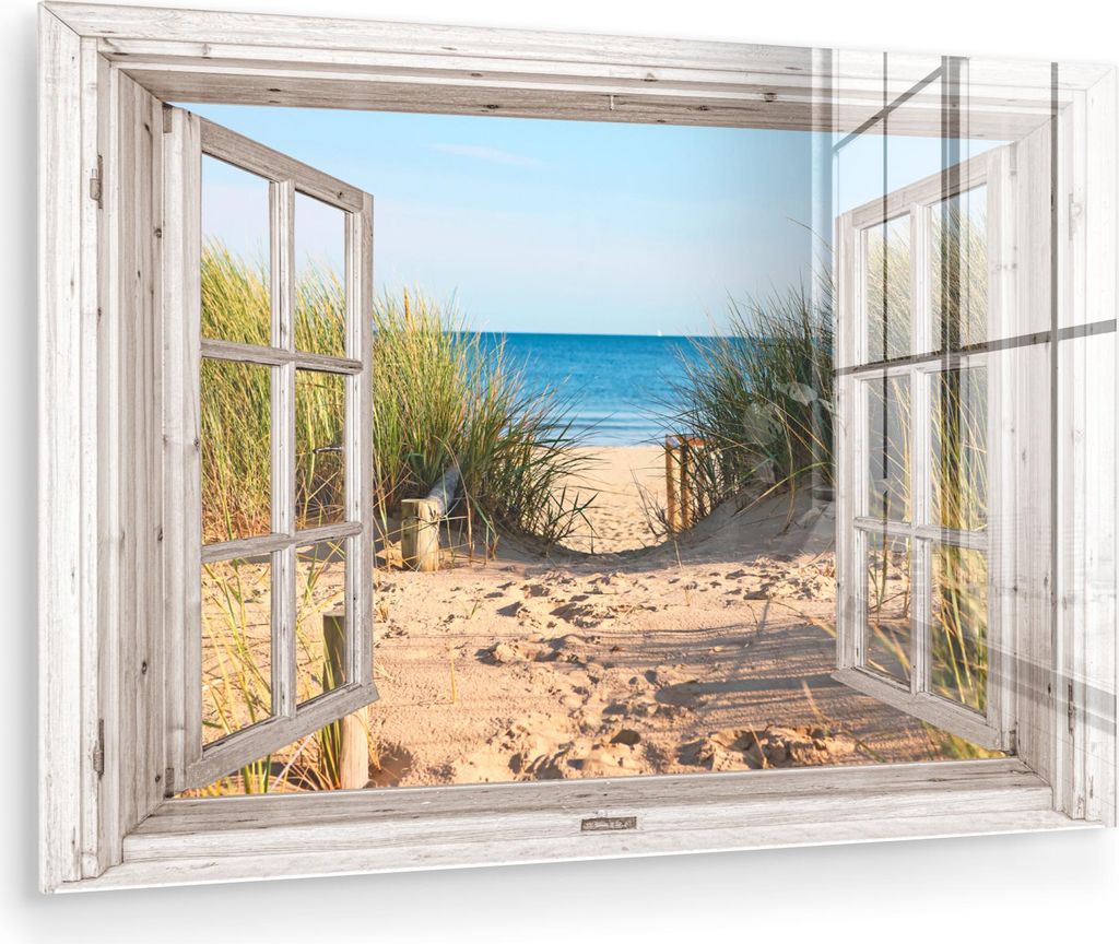 MuchoWow Glasbilder - Bilder auf Wandbild - Foto auf Glas Durchblick - Strand - Meer - Dünen - Sand - Wasser - Hochgras 90x60 cm Wanddekoration au...