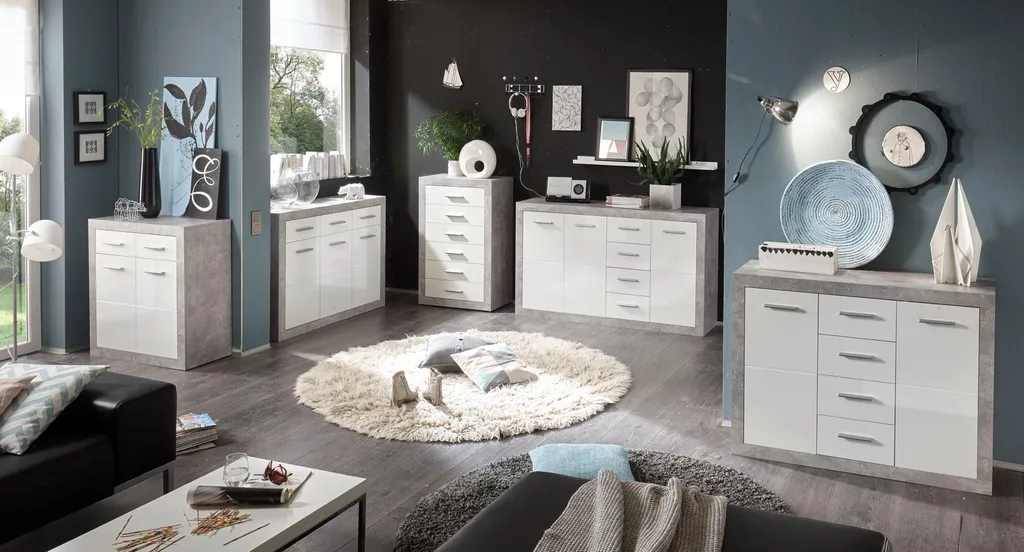 Buffet laqué blanc brillant style industriel béton avec rangements - 14