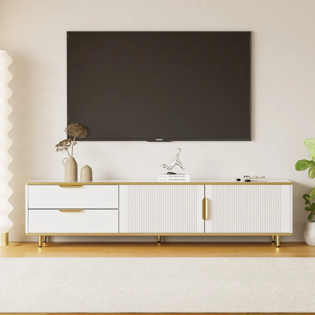 Meuble TV pour Salon Spacieux, Support Grand Écran 175cm Blanc Mat
