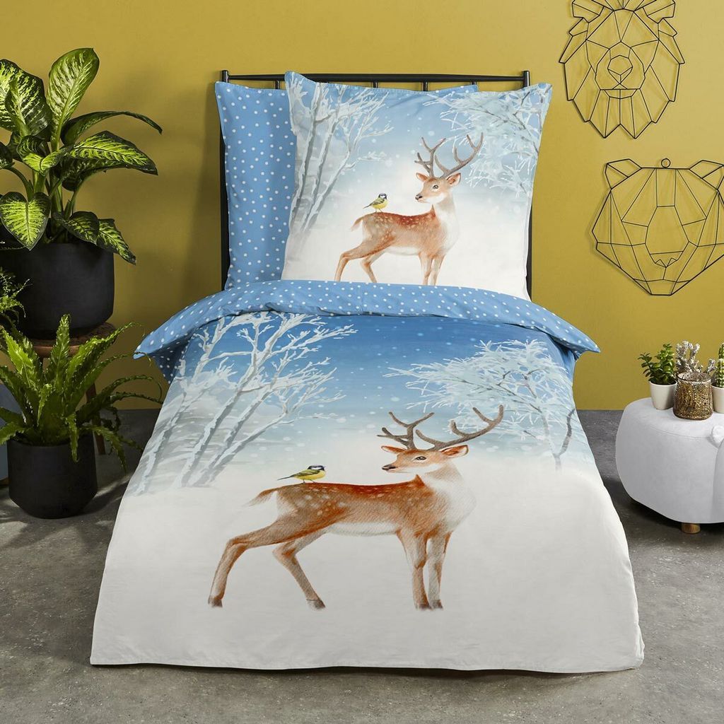 Traumschlaf Flanell Bettwäsche Reh und Spatz 135x200 cm + 80x80 cm