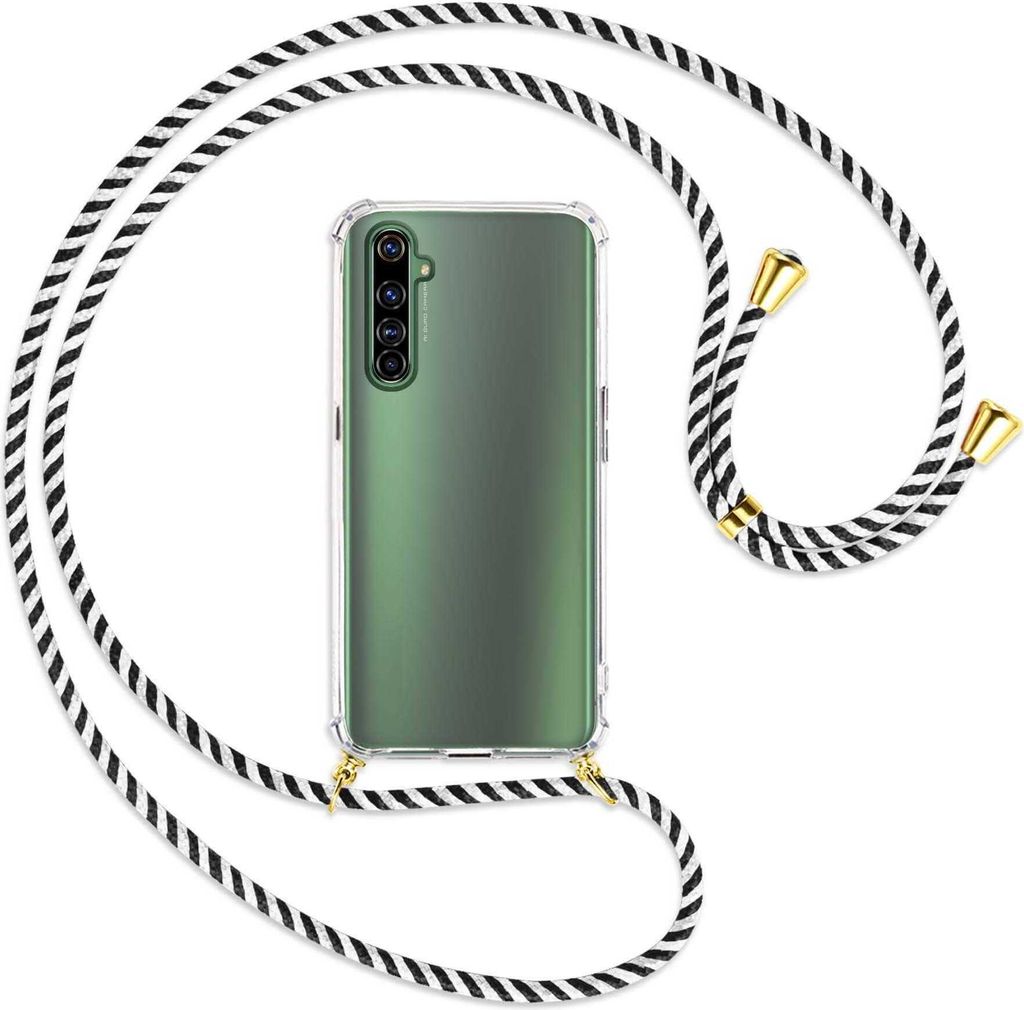 Handykette Backcover-Schutzhülle mit Band (Metall goldfarben) für Realme X50 Pro 5G - schwarz/weiß gestreift