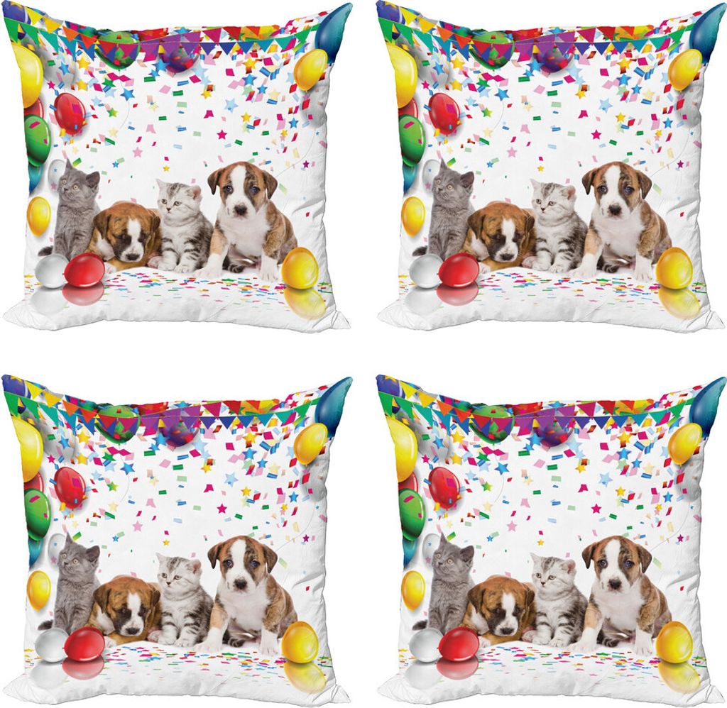 ABAKUHAUS Alles Gute zum Geburtstag Kissenbezug Set (4 Stück), Katze und Hund Partei, Moderner Doppelseitiger Digitaldruck, 50 cm x 50 cm, Mehrfarbig