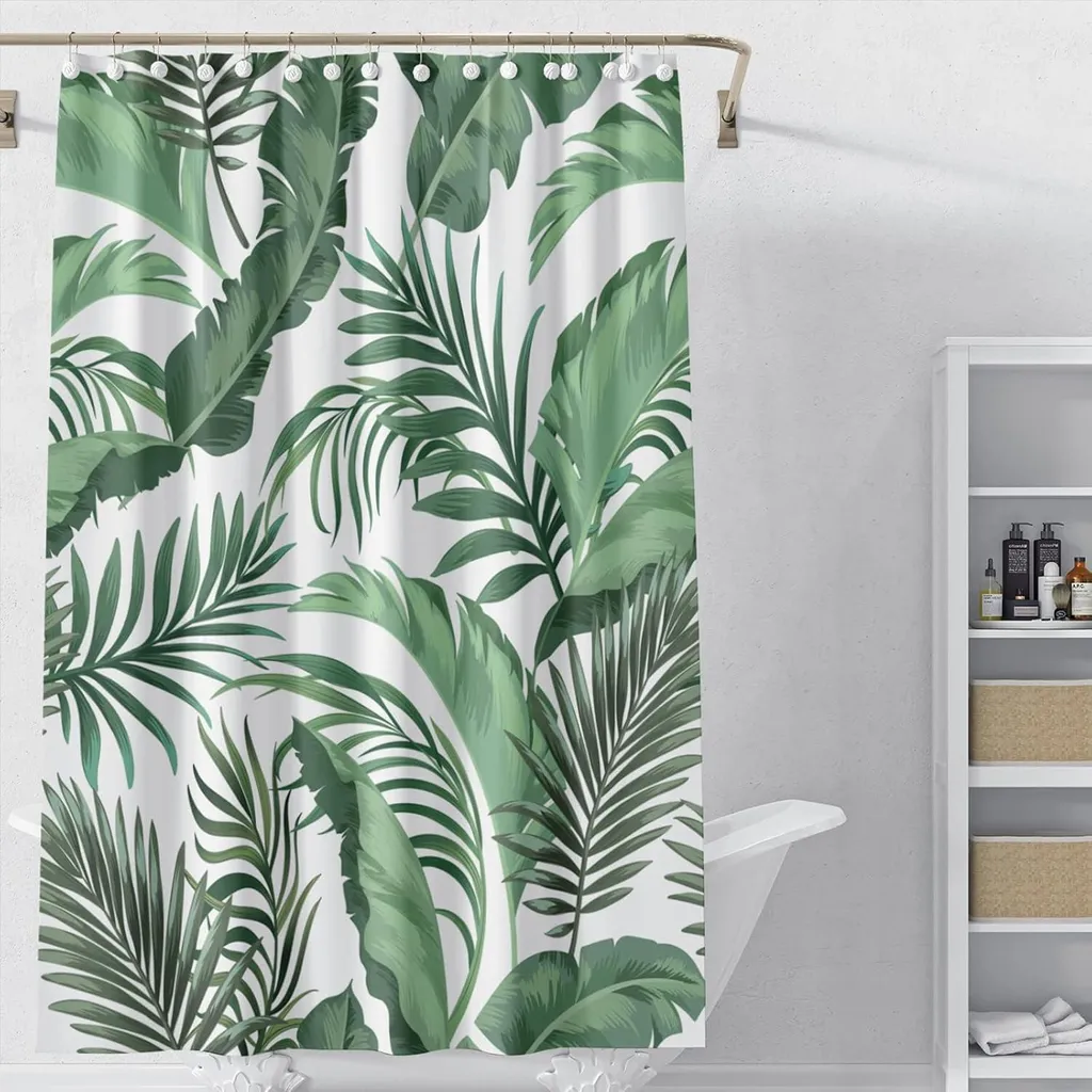 Rideau de Douche Anti-moisissure 180x180 Tissu Lavable Motif Végétal Vert