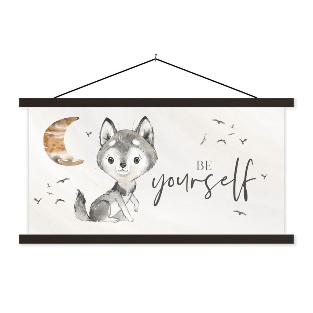 MuchoWow Textilposter Sprichwörter - Wolf - Sei du selbst - Kinder - Jungen - Mädchen - Aquarell 120x60 cm mit schwarzem Rahmen - Dekoration Sc...
