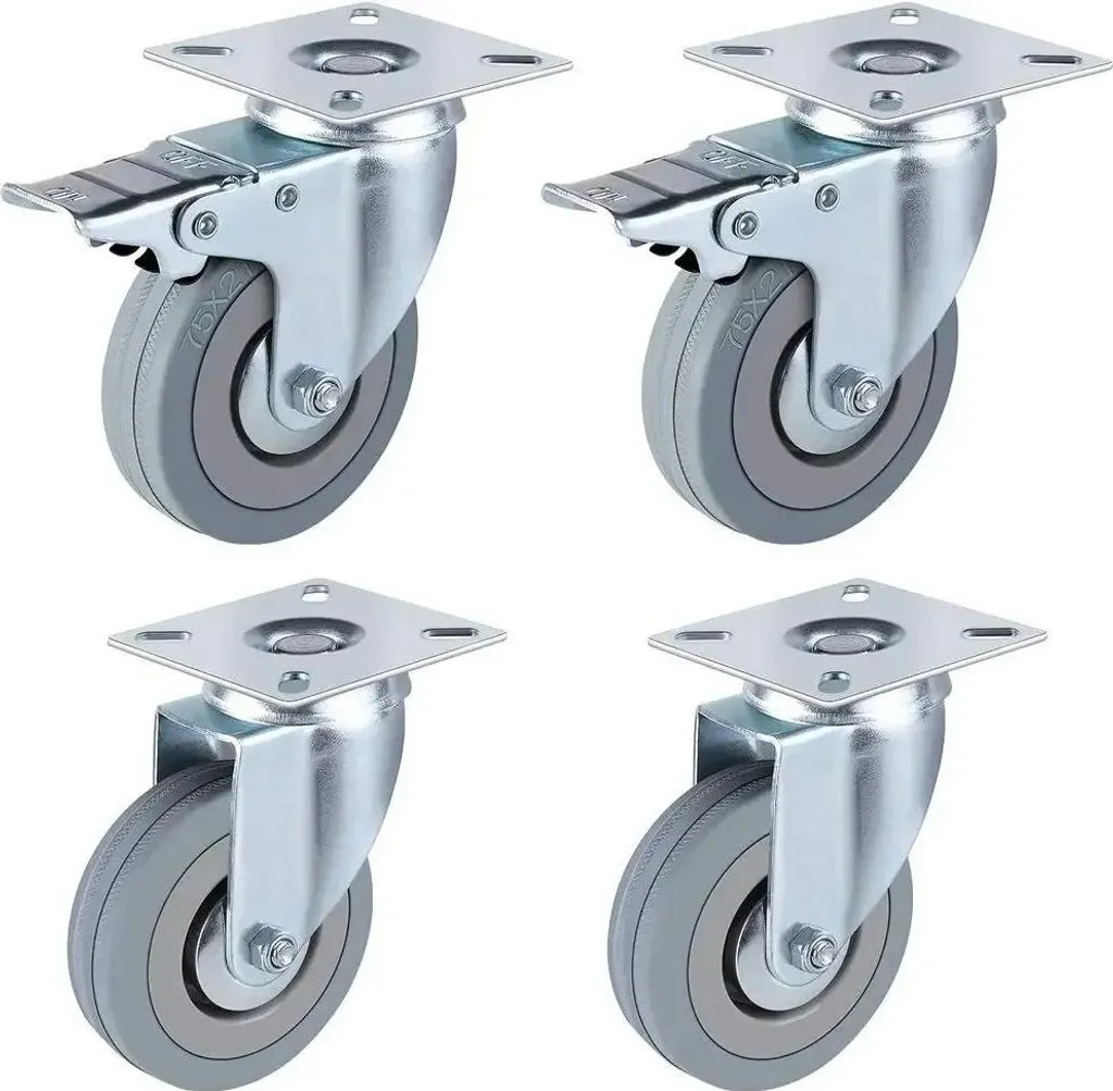 Roulettes de meuble 75 mm lot de 4 - Charge 200kg - Plaque 65x65 mm Gris