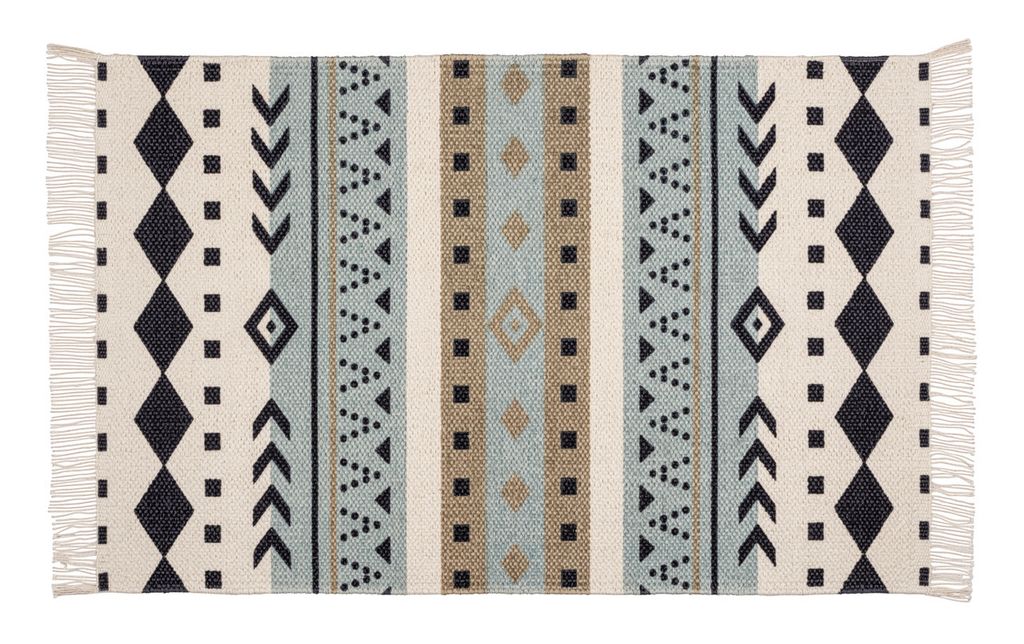 A rectangular rug with a geometric pattern and fringe on the ends, laid flat on a white background.