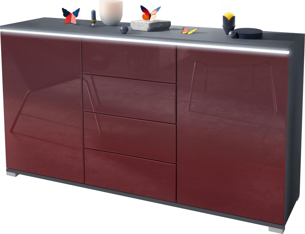 Vladon Sideboard Faro V1 - Kommode mit 2 Türen & 4 Schubladen, Schrank mit LED Lichtleiste, Anthrazit matt / Bordeaux Hochglanz (138,5 x 75,5 x 35)