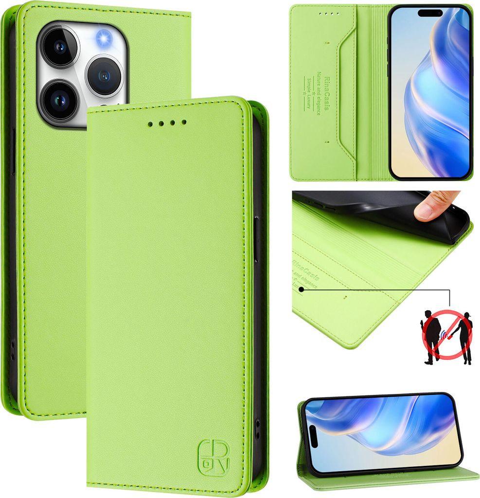 Lederhülle für iPhone 16 Pro Hülle Flip Brieftasche Kartenfächern Ständer Schutzhülle Grün