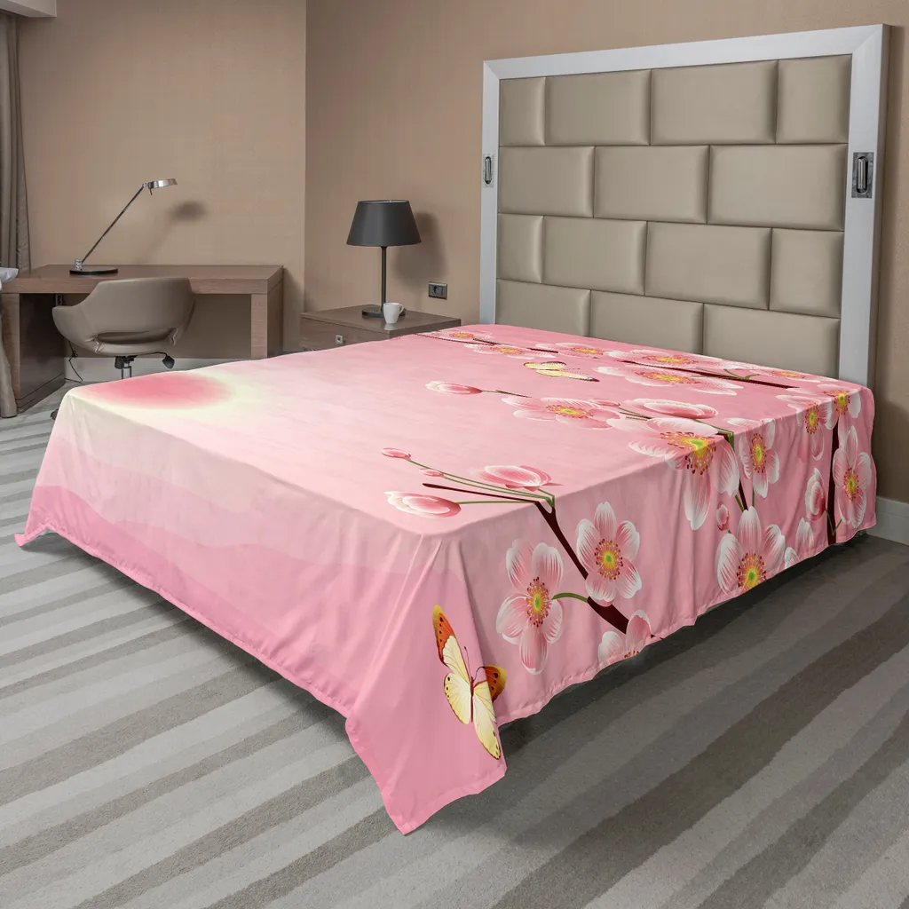 Drap plat ABAKUHAUS motif Arbre et Papillons, Printemps Rose, 266x260 cm