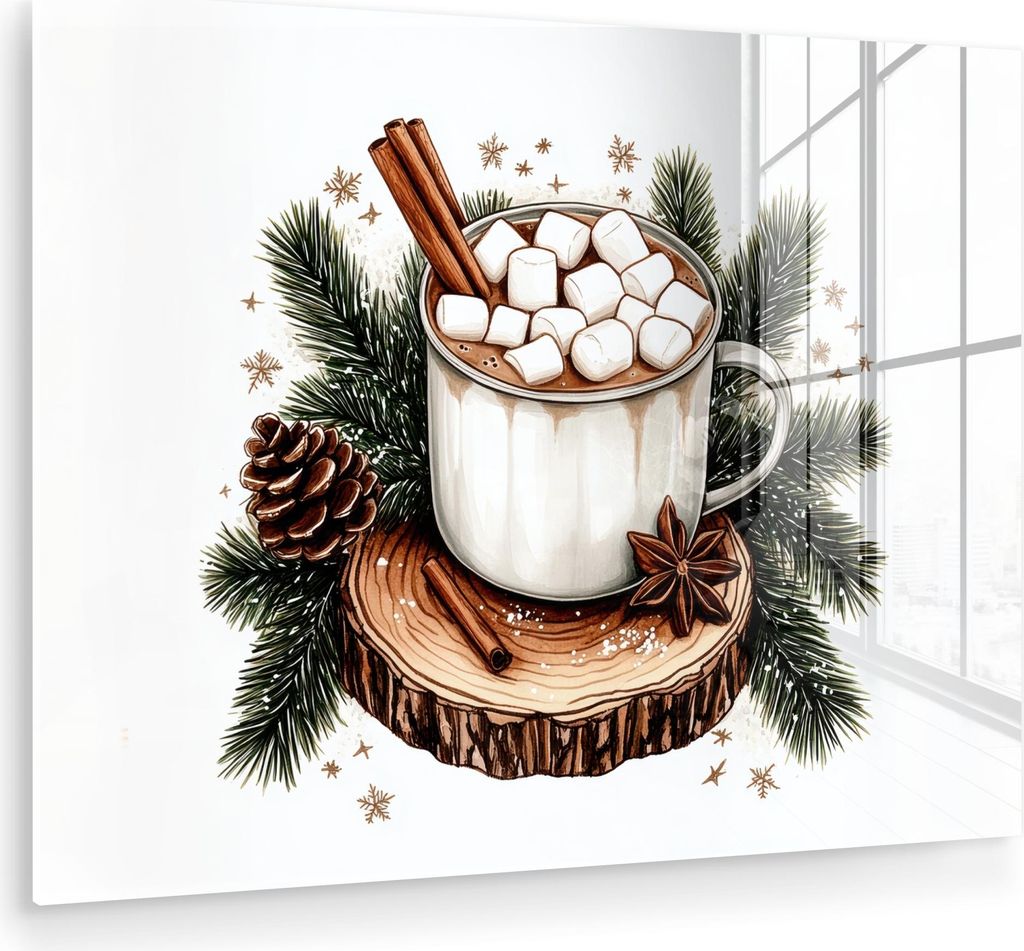 MuchoWow Glasbilder - Bilder auf Wandbild - Foto auf Glas Winter - Holz - Schokoladenmilch - Getränk - Weihnachten 80x60 cm Wanddekoration aus Gla...