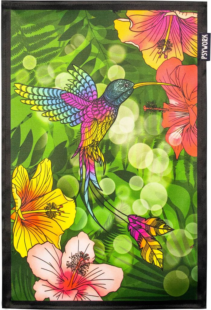PSYWORK Schwarzlicht Stoffposter Neon "Kolibri Hibiskus Flower", 30x45cm