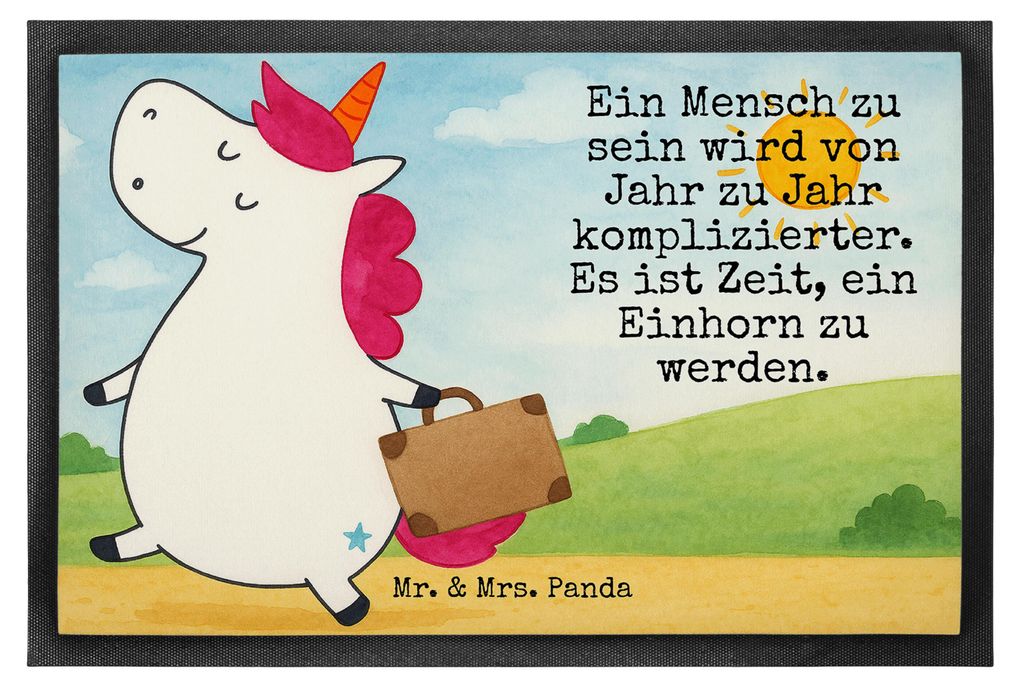 Mr. & Mrs. Panda Schmutzmatte Einhorn Koffer Design 50 x 75 cm - Weiß - Geschenk, bodenmatte, Fußabstreifer, Abenteuer, Gummimatte, Einhörner, S...