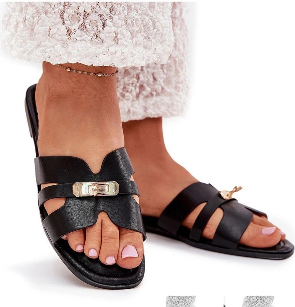 Flache Damen Sandalen Mit Riemen Und Goldenem Detail Schwarz Kerenza 37