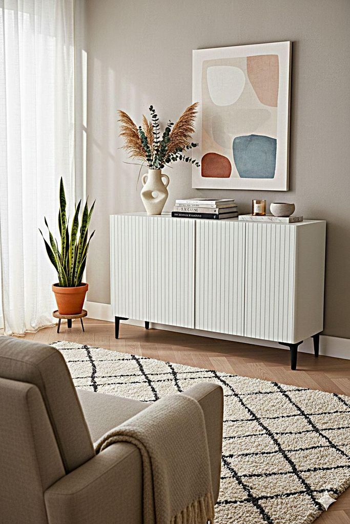 Skye Decor, Hochwertiger Konsolentisch, Weiß, 120 x 79 x 32 cm | 100% melaminbeschichtete Spanplatte, 18 mm dick | Mit zahlreichen Regalen, wandmo...
