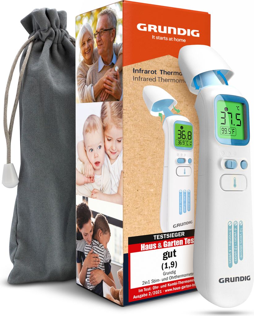 GRUNDIG Fieberthermometer - Thermometer für Baby Kinder Erwachsene - hochpräzise kontaktlos und digital Fieber an Ohr Stirn und Objekten (ohne Ba...