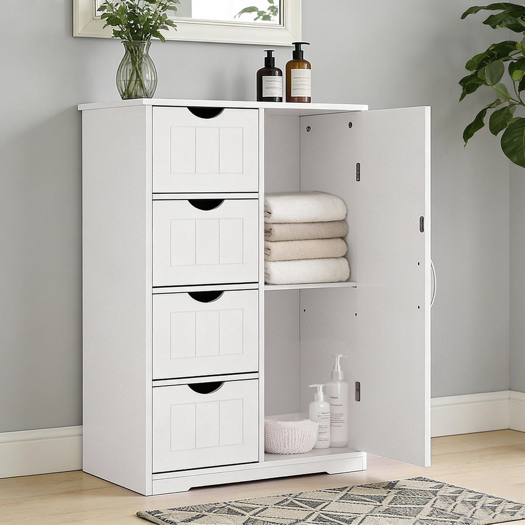 Badezimmerschrank, MDF Kommode mit Schubladen, Badschrank Schmal Klein, Beistellschrank mit 4 Schubladen, 60 x 28.5 x 81 cm, für Badezimmer Wohnzi...
