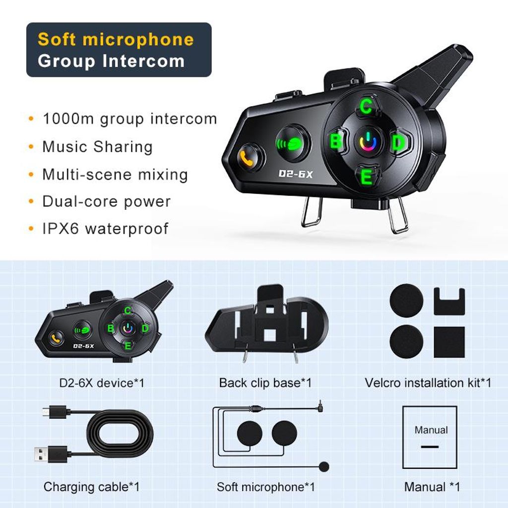 Motorradhelm-Bluetooth-Headset für 6 Personen, Wechsel-Gegensprechanlage, Reichweite 1000 Meter, kabellose Gegensprechanlage, weiches Mikrofon