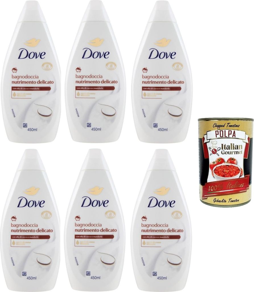 Dove bagnodoccia nutrimento delicato, mit Kokos- und Mandelöl, Schaumbäder Bades bath shower foam, Weichheit und Pflege 6x 450 ml + Italian Gourm...