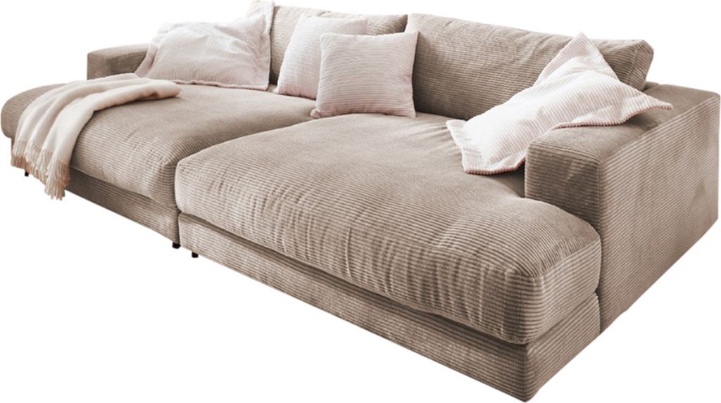 KAWOLA Big Sofa XL MADELINE mit Holztablett natur für Armlehne Cord taupe