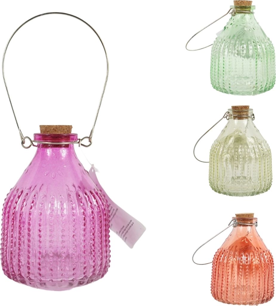 Four glass wasp traps in different colors are displayed against a white background.