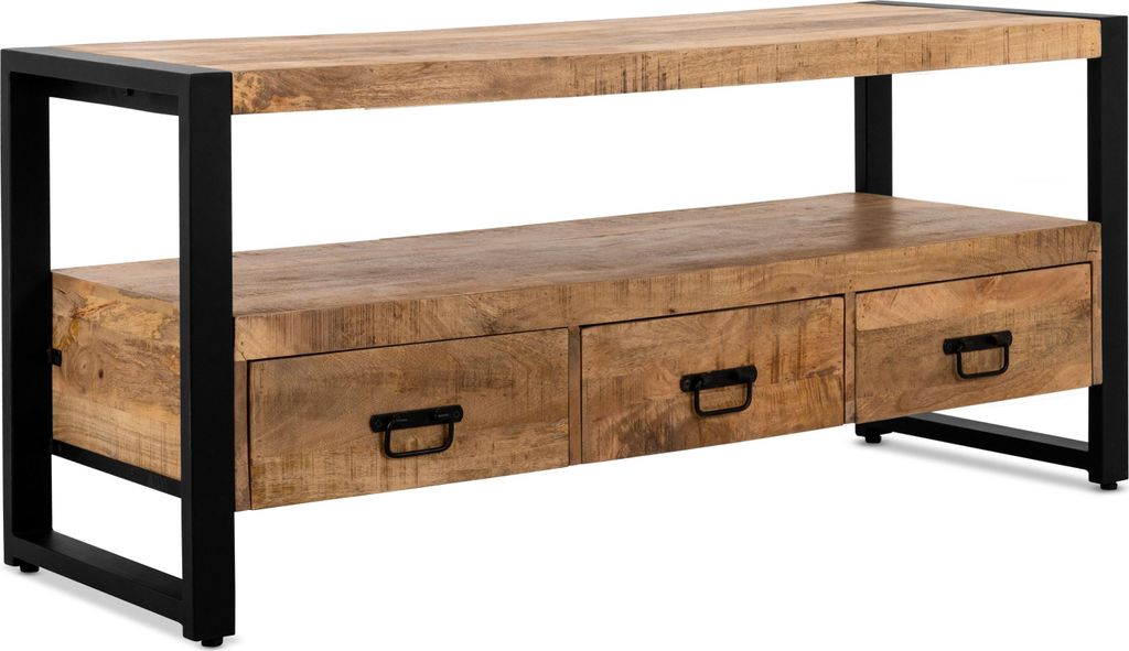 TV Schrank Britt Mangoholz Stahl Natur Schwarz, Masse:150 cm x 45 cm