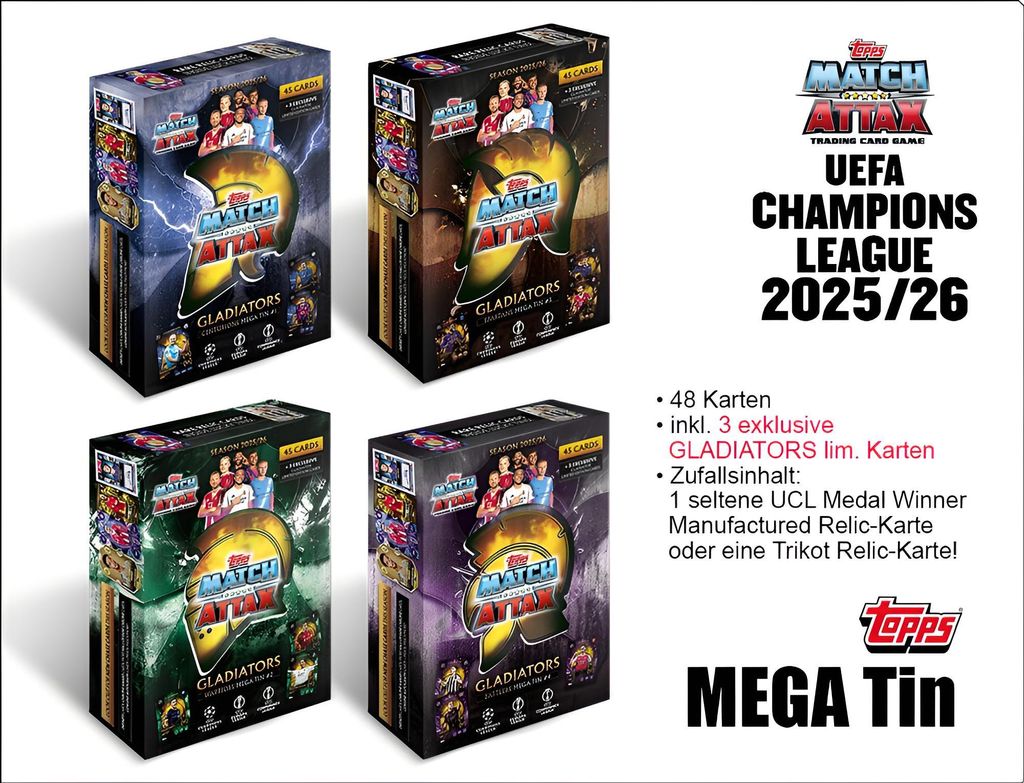 Four boxes of Match Attax trading cards are displayed, with text describing the product contents and branding.