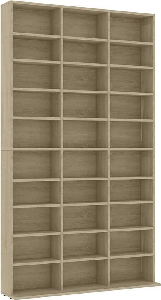 A tall, empty bookshelf with many compartments.