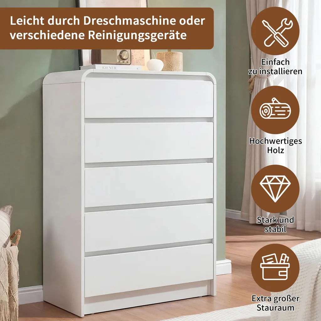 Commode de chambre blanche à 5 tiroirs ProximaX avec éclairage intégré