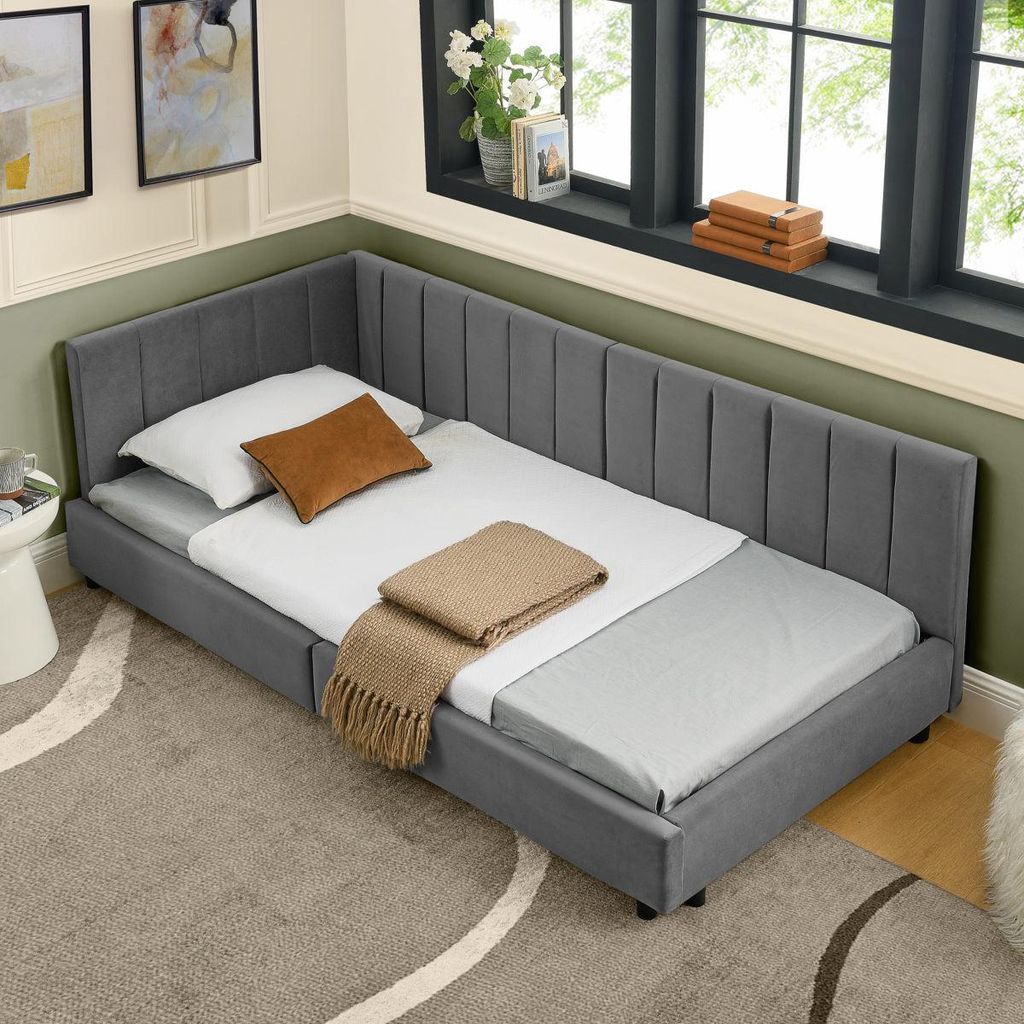 Einzelbett 90×200 cm aus Samt, Kinderbett mit hoher Rückenlehne, stabiles Bettgestell aus Holz & Metall, für Kinder-/Gästezimmer, Gray (ohne Ma...