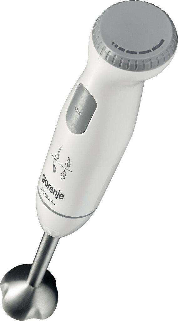 A white GORENJE hand blender with a silver blending attachment is shown against a white background.